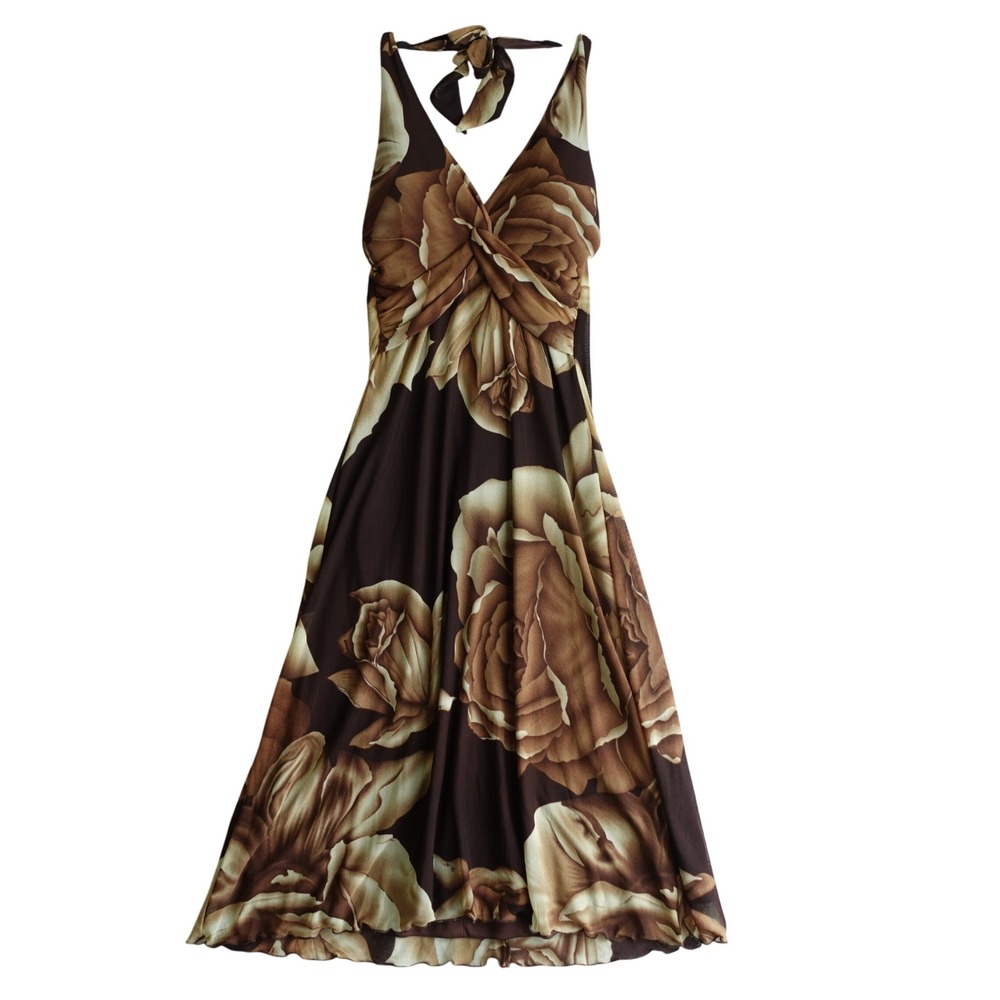 Cache Vintage NEW Y2K Fairycore Floral Midi Dress 8 Brown Sheer Mesh Whimsigoth